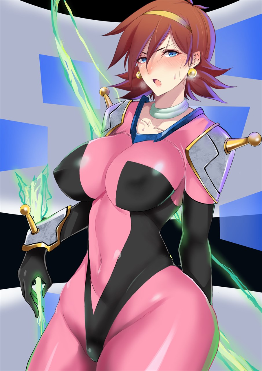 1girl blue_eyes blush bow breasts brown_hair cockpit covered_navel covered_nipples earrings g_gundam gundam hairband highres jewelry kawabata_yoshiro large_breasts looking_at_viewer mobile_trace_suit open_mouth rain_mikamura short_hair skin_tight solo sweat thick_thighs thighs v-shaped_eyebrows yellow_hairband