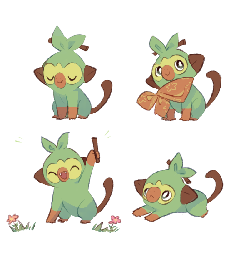 ^_^ black_eyes charamells closed_eyes commentary creature english_commentary fangs flower full_body gen_8_pokemon grass grookey happy holding holding_stick lying monkey no_humans on_stomach pokemon pokemon_(creature) simple_background starter_pokemon stick white_background