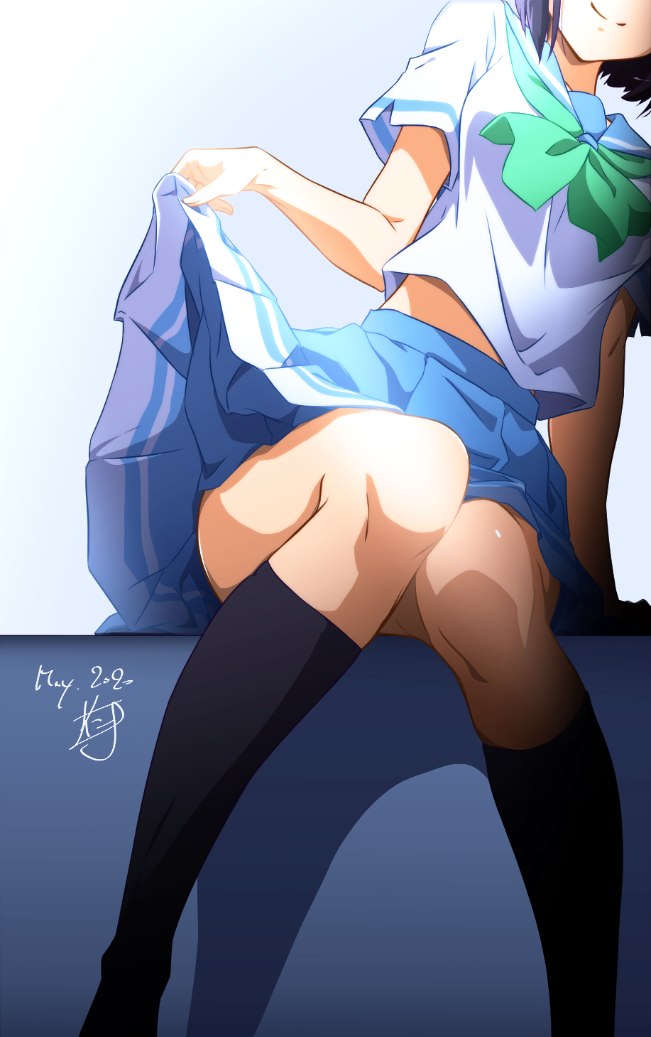 1girl arm_support black_legwear blue_sailor_collar blue_skirt closed_mouth dated feet_out_of_frame green_neckwear head_out_of_frame hibike!_euphonium highres hisaishi_kanade kitauji_high_school_uniform kneehighs leaning_to_the_side lifted_by_self midriff_peek miniskirt neckerchief nii_manabu pleated_skirt purple_hair sailor_collar school_uniform serafuku shirt short_hair short_sleeves signature sitting skirt skirt_lift smile solo white_shirt