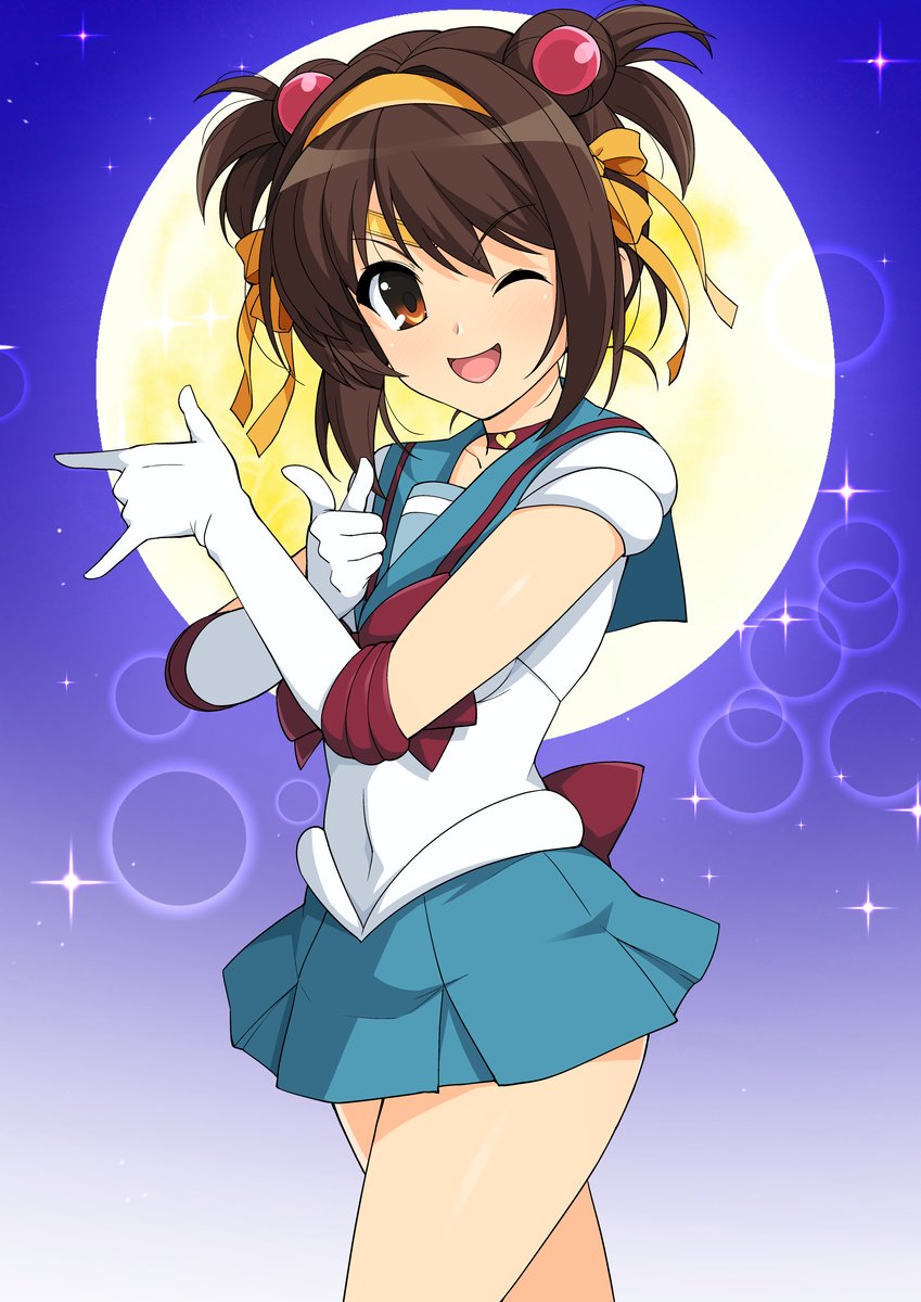 1girl \m/ adapted_uniform bishoujo_senshi_sailor_moon brown_eyes brown_hair choker cosplay double_bun elbow_gloves full_moon gloves hair_ribbon haruhisky highres kita_high_school_uniform miniskirt moon one_eye_closed open_mouth ribbon sailor_senshi_uniform school_uniform skirt star suzumiya_haruhi suzumiya_haruhi_no_yuuutsu tiara tsuki_ni_kawatte_oshioki_yo