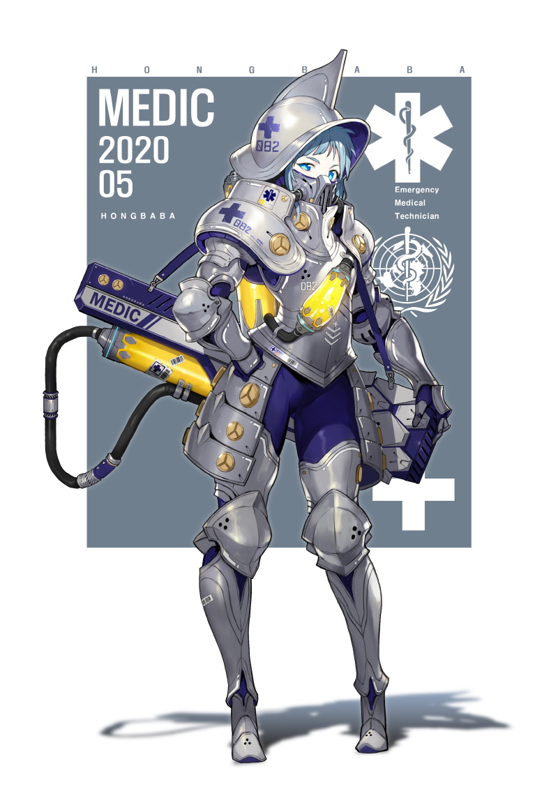 1girl 2020 armor blue_bodysuit blue_eyes blue_hair bodysuit breastplate coronavirus_pandemic covered_mouth fantasy full_armor full_body gas_mask gauntlets greaves hand_on_hip helmet hong_soon-jae knight looking_at_viewer medic medieval original pale_skin pauldrons plate_armor shoulder_armor solo standing strap weapon weapon_on_back