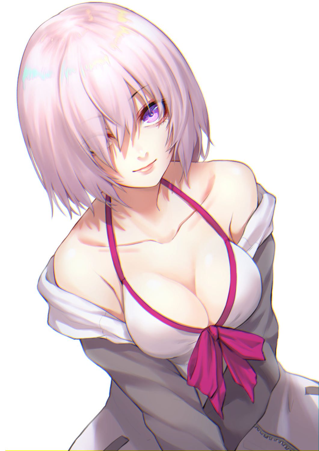 1girl bangs bare_shoulders bikini blush breasts collarbone commentary_request fate/grand_order fate_(series) grey_jacket hair_over_one_eye highres hood hooded_jacket jacket large_breasts long_sleeves looking_at_viewer mash_kyrielight re_(re_09) short_hair smile solo swimsuit upper_body violet_eyes white_bikini