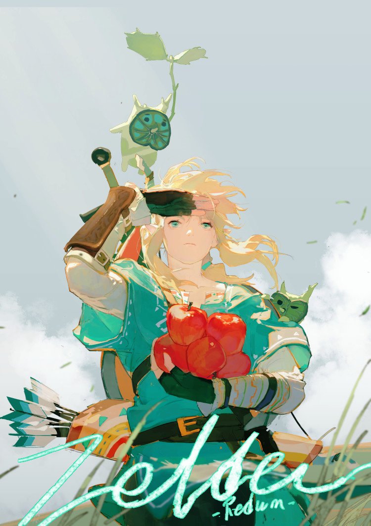 1boy apple arrow_(projectile) artist_name belt belt_buckle blonde_hair blue_eyes buckle clouds cloudy_sky commentary day food fruit grass korok link long_hair quiver redum4 shading_eyes sky sword the_legend_of_zelda the_legend_of_zelda:_breath_of_the_wild tunic weapon wind