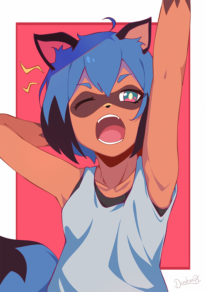 1girl ahoge animal_ears arm_behind_head arm_up armpits artist_name bare_arms black_shirt blue_hair blue_shirt brand_new_animal breasts collarbone commentary darahan fangs furry hair_between_eyes kagemori_michiru lower_teeth one_eye_closed open_mouth raccoon_ears raccoon_girl raccoon_tail red_background red_eyes shirt short_hair simple_background small_breasts solo tail upper_body upper_teeth white_background yawning