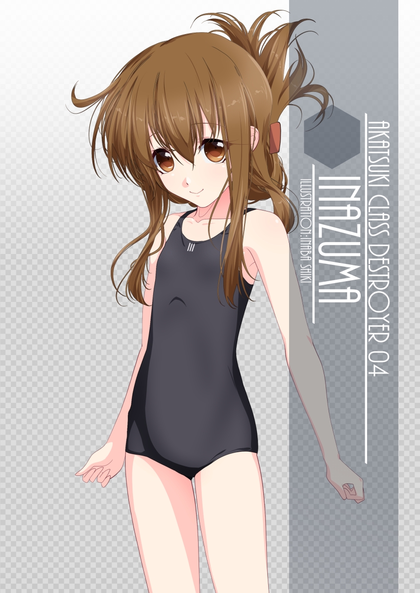 1girl artist_name black_swimsuit brown_eyes brown_hair character_name checkered checkered_background collarbone commentary_request cowboy_shot flat_chest folded_ponytail gradient gradient_background highres inaba_shiki inazuma_(kantai_collection) kantai_collection long_hair looking_at_viewer new_school_swimsuit school_swimsuit solo standing swimsuit