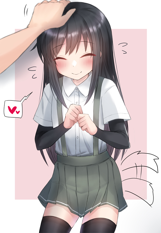 1girl ^_^ arm_warmers asashio_(kantai_collection) bangs black_hair black_legwear blush closed_eyes closed_mouth commentary_request cowboy_shot dog_tail eyebrows_visible_through_hair flying_sweatdrops hand_on_another's_head heart kantai_collection kemonomimi_mode long_hair petting pleated_skirt revision sasakura_(calicchio) school_uniform shirt short_sleeves simple_background skirt smile solo_focus spoken_heart suspenders tail tail_wagging thigh-highs white_shirt