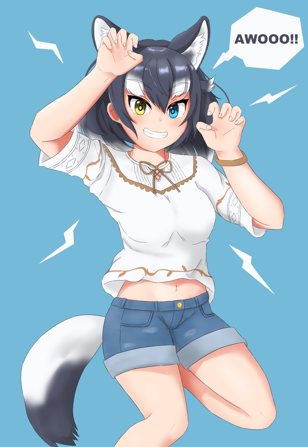 1girl animal_ear_fluff animal_ears artist_request black_hair blue_background blue_eyes blush breasts casual commentary commentary_request eyebrows_visible_through_hair grey_wolf_(kemono_friends) heterochromia highres kemono_friends kemono_friends_3 large_breasts midriff multicolored_hair navel shorts simple_background solo speech_bubble tail two-tone_hair white_hair wolf_ears wolf_girl wolf_tail yellow_eyes