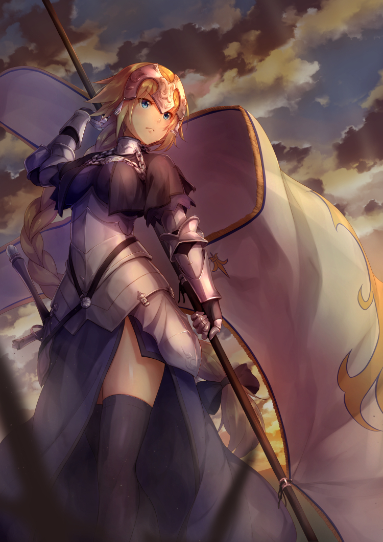 1girl armor armored_dress banner black_legwear blonde_hair blue_dress blue_eyes blurry_foreground breasts breasts_apart chain clouds dress fate/apocrypha fate_(series) faulds floating_hair from_below gauntlets headpiece holding jeanne_d'arc_(fate) jeanne_d'arc_(fate)_(all) long_dress long_hair medium_breasts outdoors sakusaku sheath sheathed shiny shiny_hair shiny_skin side_slit solo standing sword thigh-highs very_long_hair weapon