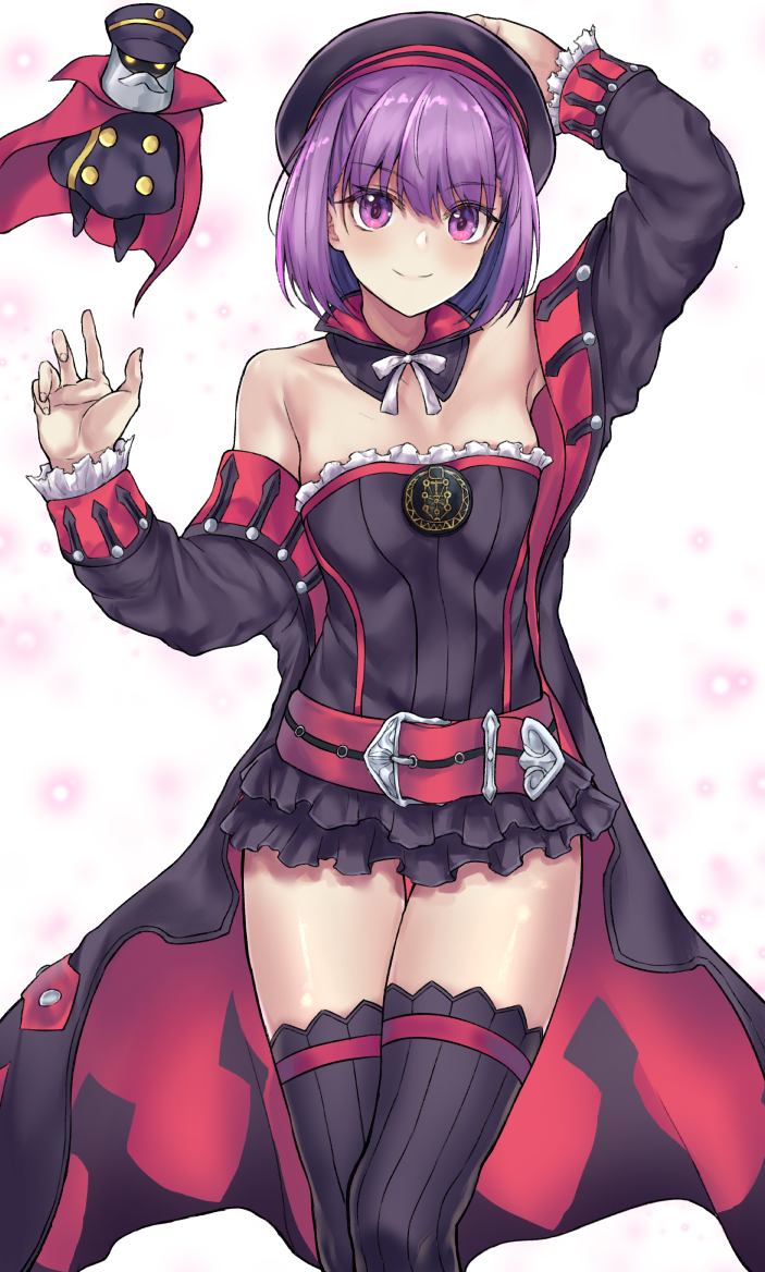 1girl bangs bare_shoulders black_coat black_headwear blush breasts closed_mouth coat colonel_olcott_(fate/grand_order) detached_collar doll dress fate/grand_order fate_(series) hat helena_blavatsky_(fate/grand_order) kougetu009 long_sleeves looking_at_viewer open_clothes open_coat purple_hair short_hair small_breasts smile strapless strapless_dress thigh-highs violet_eyes white_sleeves