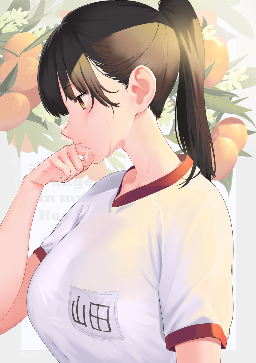 1girl :o bangs black_hair blush boku_no_kokoro_no_yabai_yatsu breasts brown_eyes character_request earrings food from_side fruit gym_shirt hand_on_own_face highres jewelry large_breasts long_hair looking_away looking_down mandarin_orange name_tag parted_lips poligon_(046) ponytail profile shirt short_sleeves solo sweat upper_body white_shirt