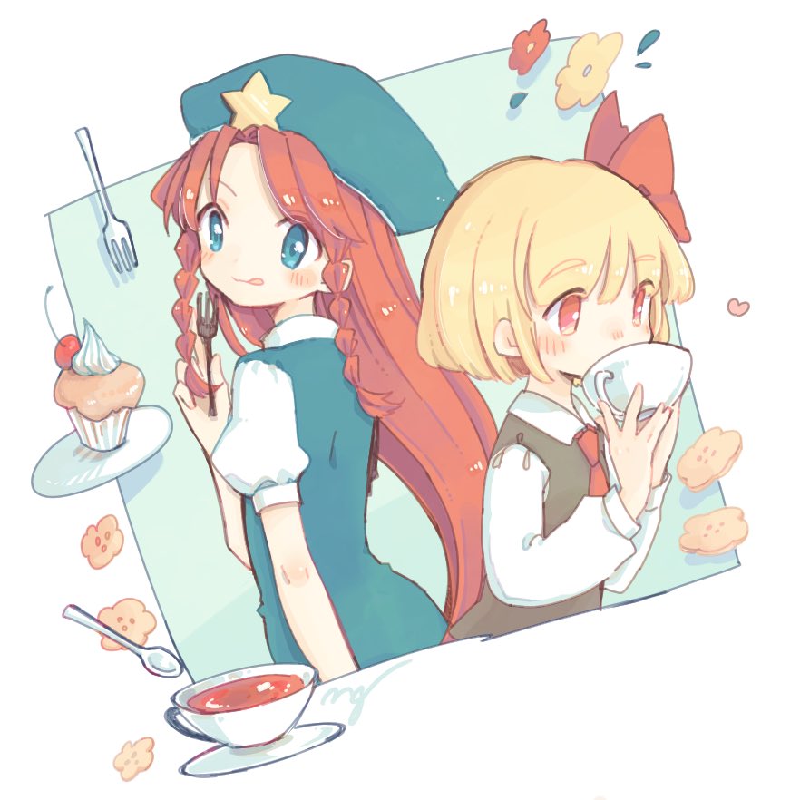 2girls :q back-to-back beret black_vest blonde_hair blush braid cup cupcake english_commentary flower food fork green_background green_eyes green_headwear green_vest hair_ribbon hands_up hat heart holding holding_cup holding_fork hong_meiling long_hair long_sleeves looking_back m_(m073111) multiple_girls red_eyes red_neckwear red_ribbon redhead ribbon rumia saucer shirt short_hair short_sleeves spoon star teacup tongue tongue_out touhou twin_braids upper_body vest white_shirt