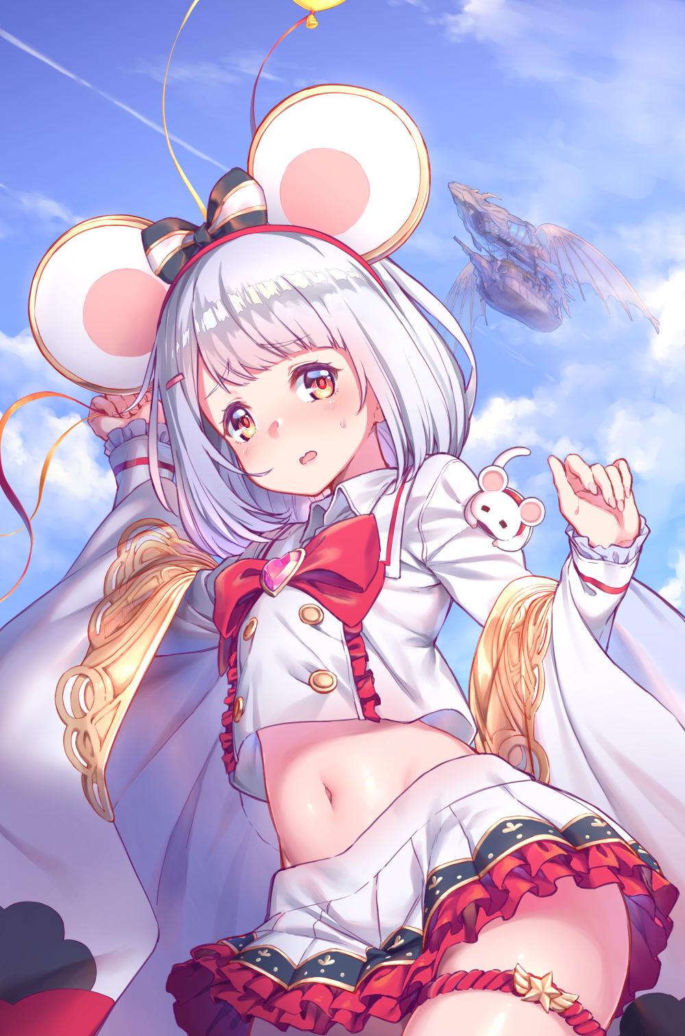 1girl animal_ears bangs black_bow blue_sky blunt_bangs bob_cut bow bowtie brooch clouds commentary_request day eyebrows_visible_through_hair frilled_skirt frills granblue_fantasy hair_bow heart highres jewelry leg_garter long_sleeves looking_at_viewer megalateo midriff navel rat rat_ears red_eyes short_hair skirt sky solo vikala_(granblue_fantasy) white_hair white_skirt wide_sleeves