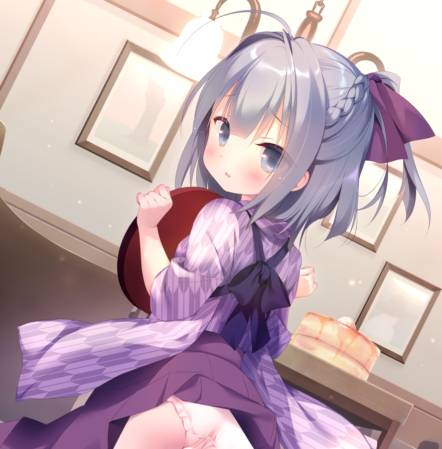1girl ahoge ass blush braid commentary_request dutch_angle food frilled_panties frills from_behind grey_eyes grey_hair hair_ribbon holding holding_tray indoors japanese_clothes kimono looking_at_viewer looking_back original panties parted_lips piyodera_mucha pleated_skirt ponytail print_kimono purple_kimono purple_skirt red_ribbon ribbon skirt skirt_lift solo tray underwear white_panties yagasuri
