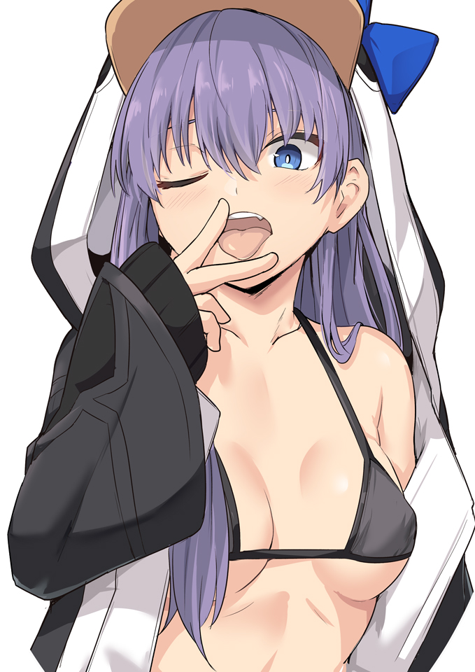 1girl animal_hood bangs bare_shoulders bikini black_bikini black_jacket blue_bow blue_eyes blush bow breasts collarbone fate/grand_order fate_(series) hood hood_up jacket long_hair long_sleeves looking_at_viewer meltryllis meltryllis_(swimsuit_lancer)_(fate) one_eye_closed open_clothes open_jacket open_mouth penguin_hood purple_hair shiseki_hirame simple_background sleeves_past_wrists small_breasts swimsuit tongue tongue_out v white_background