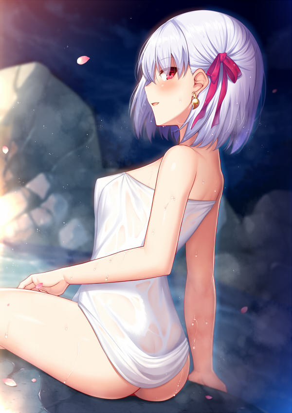 1girl ass back bangs bare_shoulders blush breasts earrings fate/grand_order fate_(series) hair_ribbon horosuke_(toot08) jewelry kama_(fate/grand_order) looking_at_viewer looking_back naked_towel no_bra no_panties no_underwear onsen open_mouth petals red_eyes ribbon rock short_hair silver_hair sitting small_breasts smile soaking_feet steam thighs towel water wet white_towel