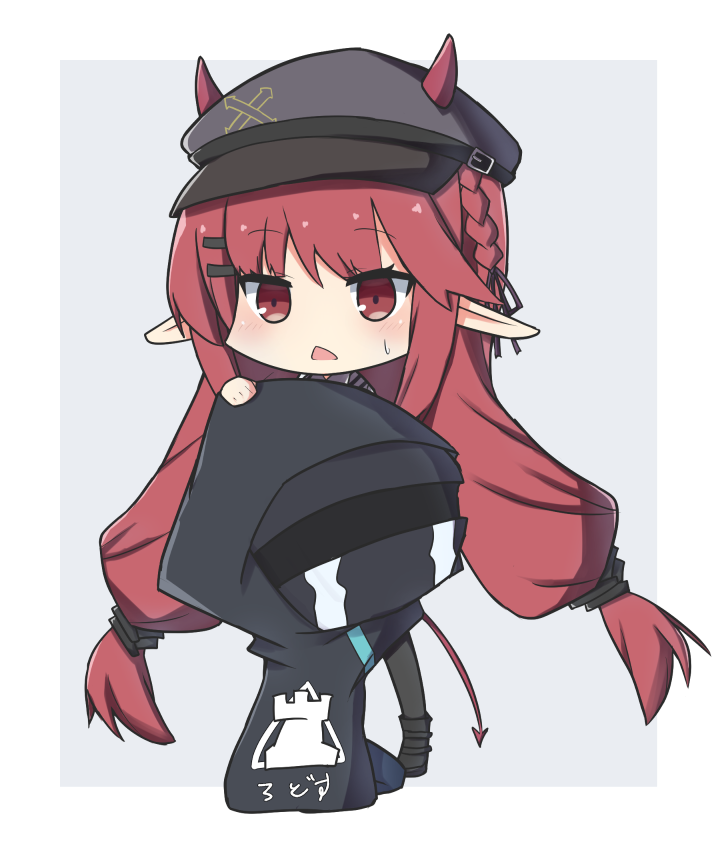 1girl 1other arknights black_headwear border braid commentary_request demon_tail doctor_(arknights) eyebrows_visible_through_hair grey_background hair_ornament hair_ribbon hairclip hand_on_another's_head hat horns horns_through_headwear hug peaked_cap pointy_ears red_eyes redhead ribbon sweatdrop tail tearing_up toro_th triangle_mouth twintails vigna_(arknights)