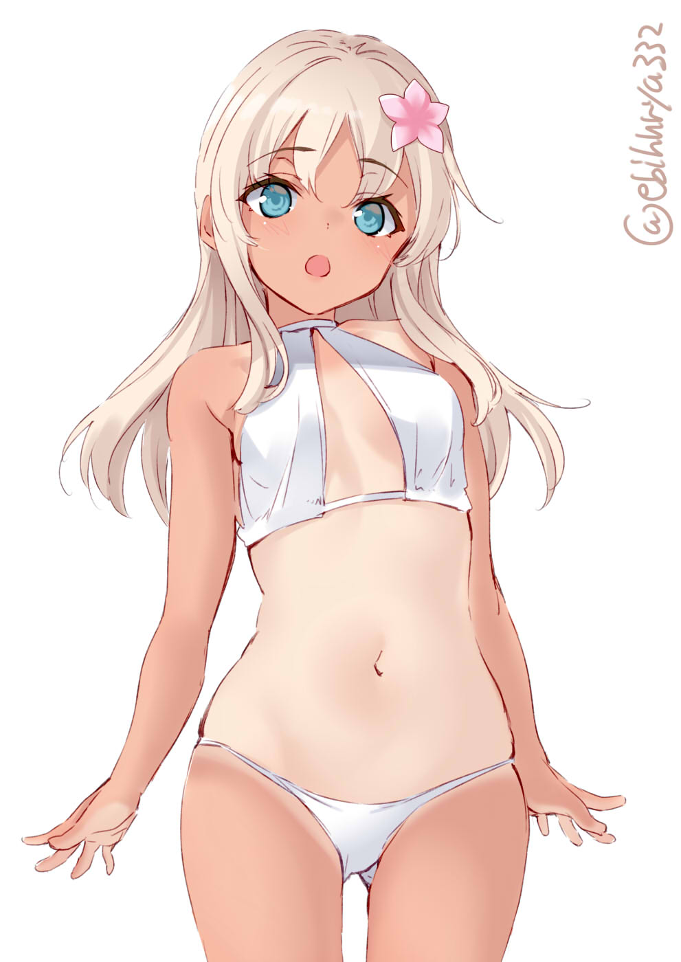 1girl aqua_eyes bikini blonde_hair blue_eyes breasts cowboy_shot ebifurya flower hair_flower hair_ornament highres kantai_collection long_hair looking_at_viewer navel open_mouth ro-500_(kantai_collection) simple_background small_breasts solo swimsuit tan tanline twitter_username white_background white_swimsuit