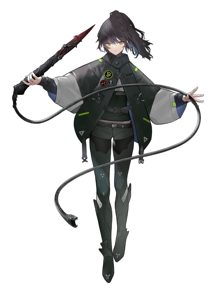 1girl belt black_hair black_jacket blood bloody_weapon eyebrows_visible_through_hair fingernails green_eyes holding holding_weapon jacket jewelry long_hair mgg_(x_arte) original patch ponytail ring shorts simple_background snake solo standing weapon whip white_background