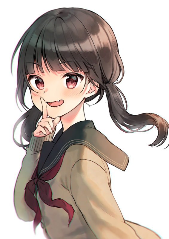 1girl :d black_hair black_sailor_collar blush brown_cardigan cardigan commentary_request fang index_finger_raised long_hair long_sleeves looking_at_viewer low_twintails midorikawa_you neckerchief open_mouth original red_eyes red_neckwear sailor_collar school_uniform serafuku simple_background sleeves_past_wrists smile solo twintails upper_body white_background