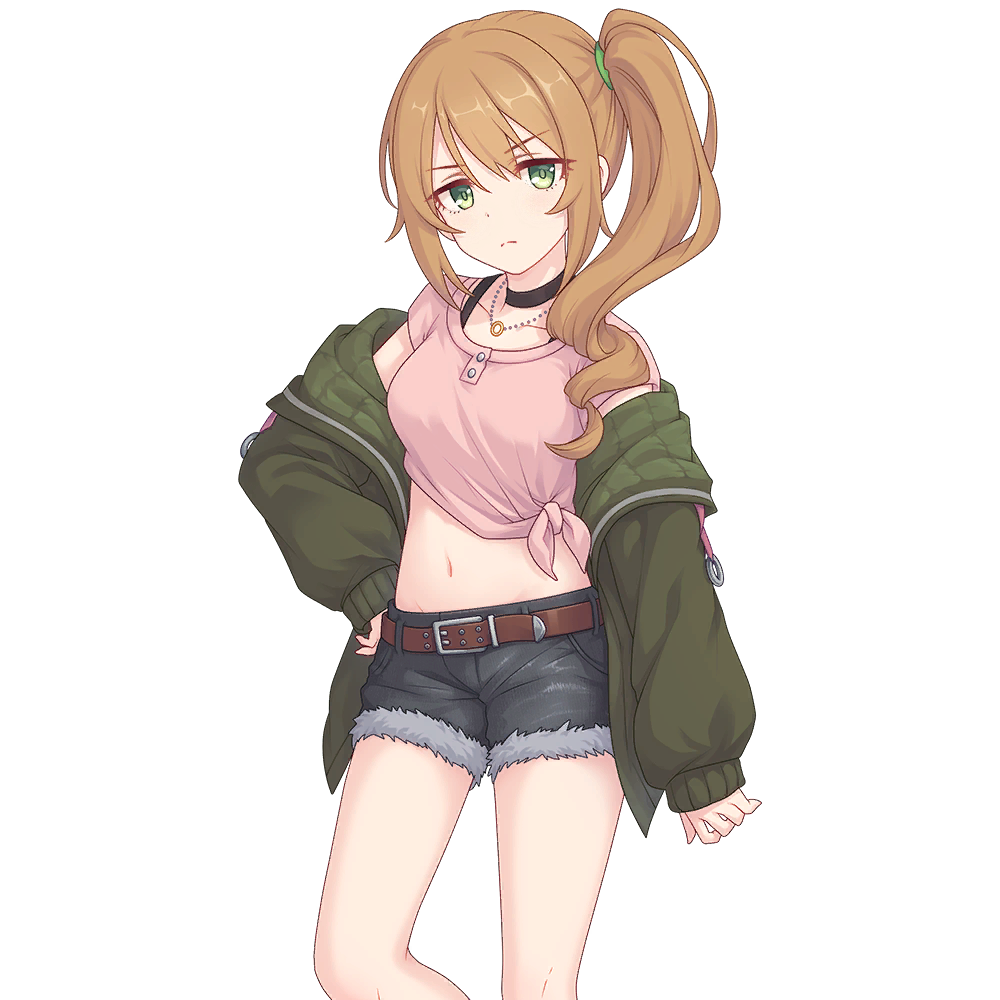 1girl belt brown_belt chloe_(princess_connect!) green_jacket gyaru jacket looking_at_viewer official_art pink_shirt princess_connect! shirt short_shorts shorts tachi-e tied_shirt transparent_background