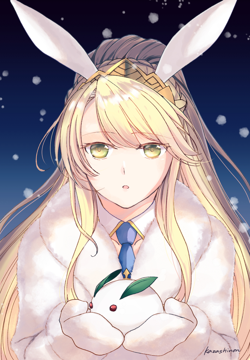 1girl :o animal_ears artoria_pendragon_(all) artoria_pendragon_(swimsuit_ruler)_(fate) bangs blonde_hair blue_background blue_neckwear braid breasts coat cupping_hands detached_collar fate_(series) fur_coat green_eyes highres kazashino long_hair long_sleeves mittens necktie parted_lips ponytail rabbit_ears sidelocks snow_bunny snowing solo tiara upper_body white_coat wide_ponytail