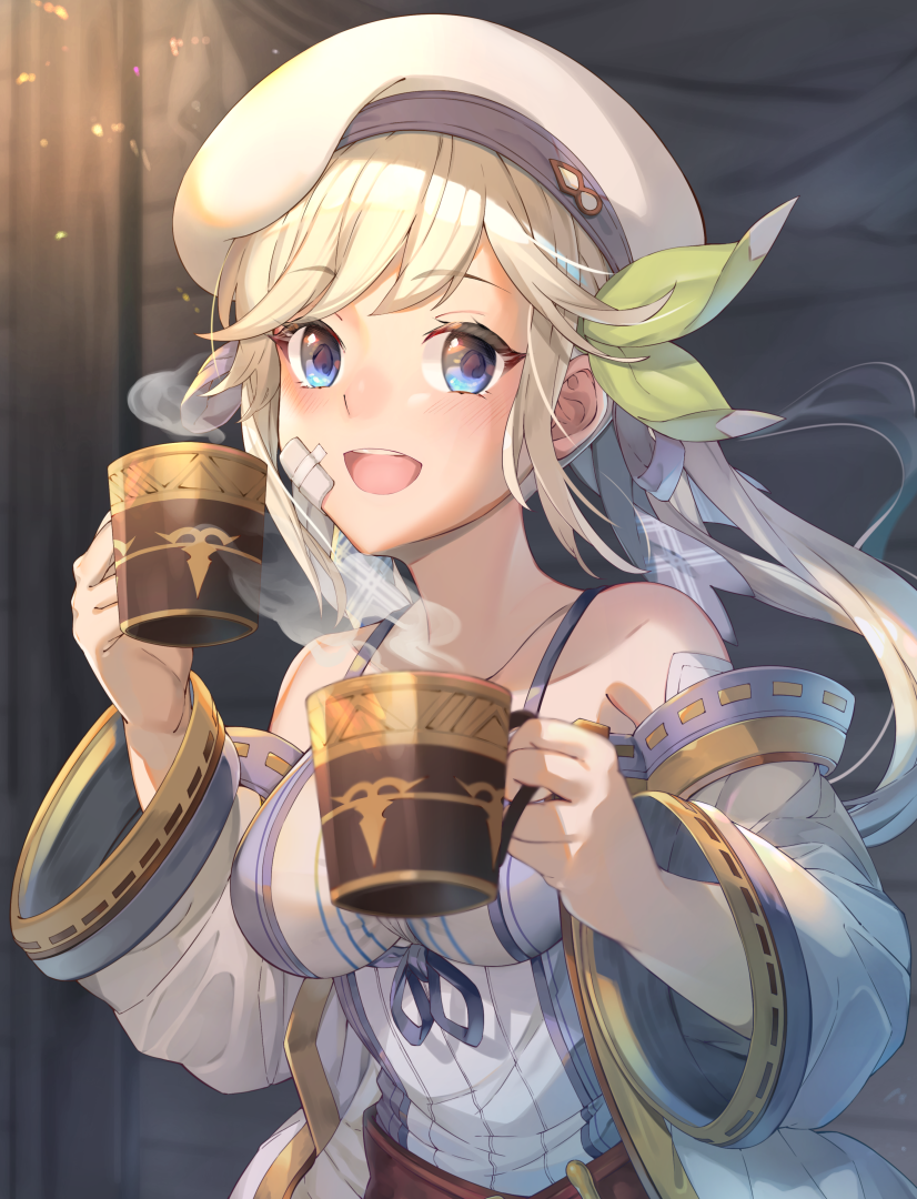 1girl :d bangs bare_shoulders belt beret blonde_hair blue_eyes bow breasts collarbone commentary_request cucouroux_(granblue_fantasy) cup detached_sleeves dress gold_trim granblue_fantasy hair_bow hair_ribbon hat holding holding_cup indoors long_hair looking_at_viewer medium_breasts open_mouth panda_inu patch red_belt ribbon skirt smile solo twintails white_dress white_headwear white_skirt wide_sleeves