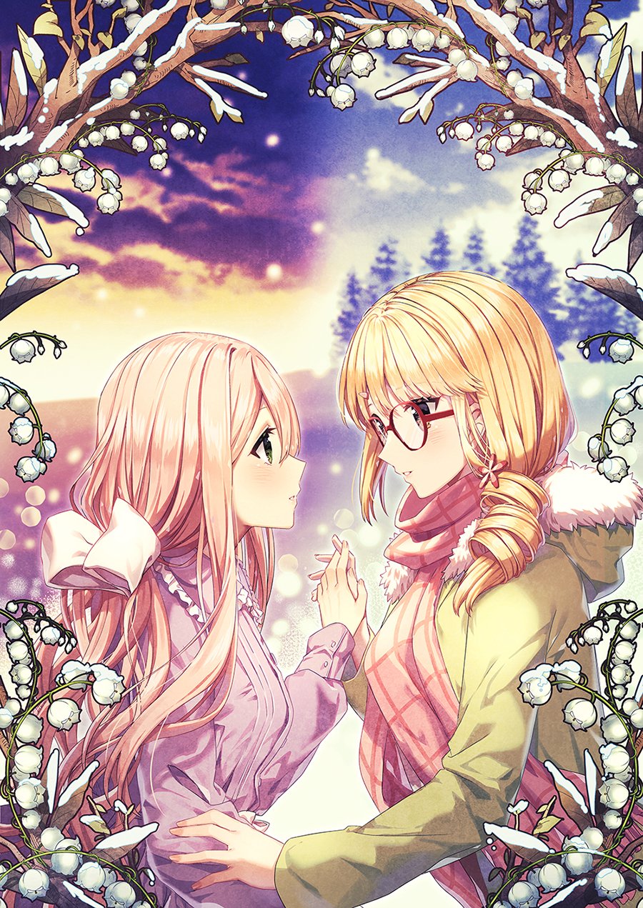 2girls abigail_(heart_of_the_woods) blonde_hair bow flower forest glasses hair_ornament hair_ribbon heart_of_the_woods highres holding_hands hood hoodie looking_at_another maddie_raines multiple_girls nature official_art pink_hair profile ribbon rosuuri scarf sky snow snowing tree yuri