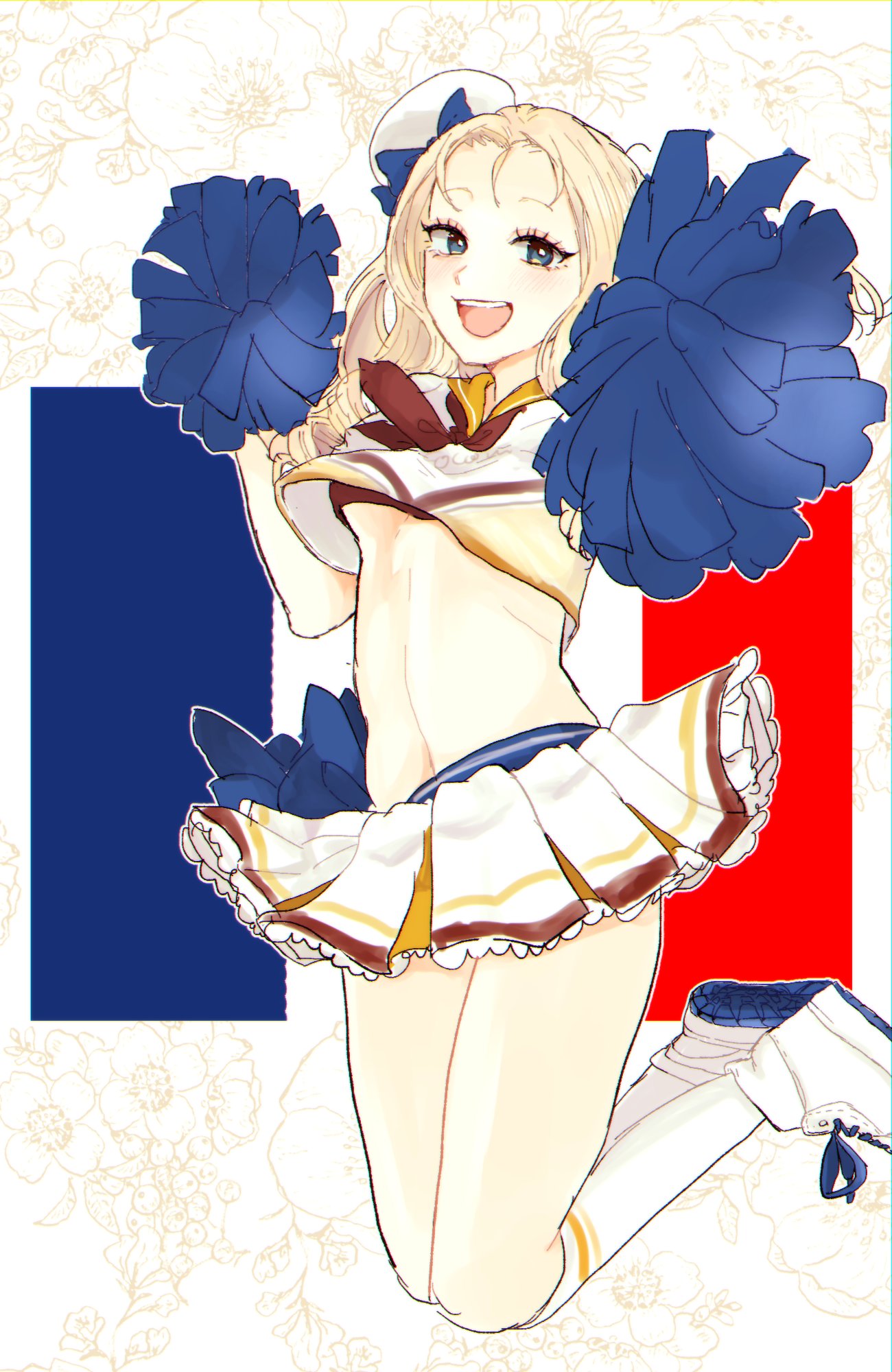 1girl alternate_costume arai_ako beret black_neckwear black_sports_bra blonde_hair blue_bow blue_eyes bow bow_skirt cheerleader commentary double_horizontal_stripe drill_hair floral_background french_flag frilled_skirt frills full_body girls_und_panzer hat hat_bow highres holding holding_pom_poms jumping kneehighs legs_up long_hair looking_at_viewer marie_(girls_und_panzer) midriff mini_hat miniskirt navel neckerchief open_mouth outline pleated_skirt pom_poms sailor_collar shirt shoes skirt smile solo tilted_headwear white_footwear white_headwear white_legwear white_outline white_shirt