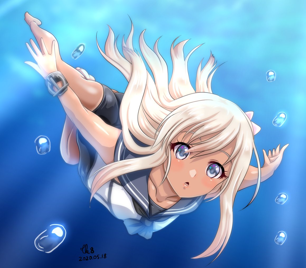 1girl air_bubble ass black_neckwear black_sailor_collar blonde_hair blue_eyes bubble commentary_request crop_top dated flower freediving full_body hair_flower hair_ornament kantai_collection long_hair one-piece_swimsuit one-piece_tan ro-500_(kantai_collection) sailor_collar sailor_shirt school_swimsuit shirt signature solo swimsuit tan tanline tk8d32 underwater