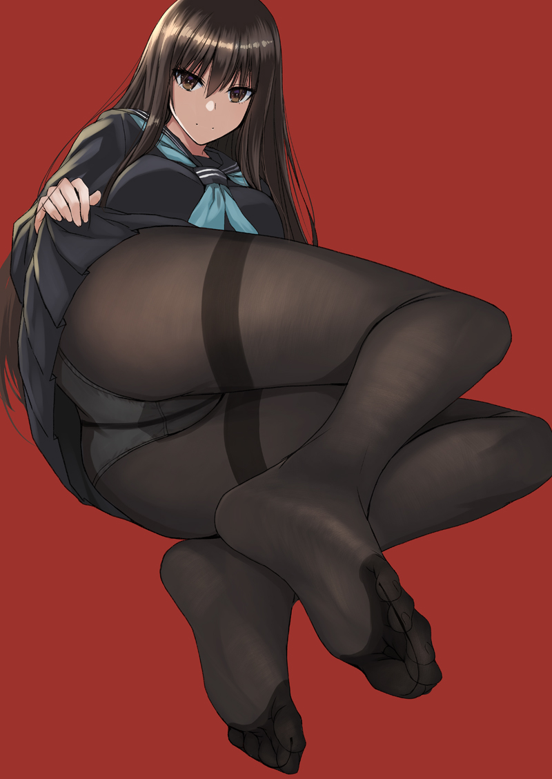 1girl ass black_legwear black_sailor_collar black_serafuku black_shirt black_skirt blue_neckwear breasts brown_eyes brown_hair closed_mouth feet full_body gusset kokuryuugan kuro_senpai_to_kuro_yashiki_no_yami_ni_mayowanai lifted_by_self long_hair long_sleeves lying medium_breasts miniskirt neckerchief on_side panties panties_under_pantyhose pantyhose pleated_skirt red_background sailor_collar school_uniform senpai_(kuro_senpai) serafuku shirt simple_background skirt skirt_lift smile soles solo thighband_pantyhose toes underwear very_long_hair white_panties