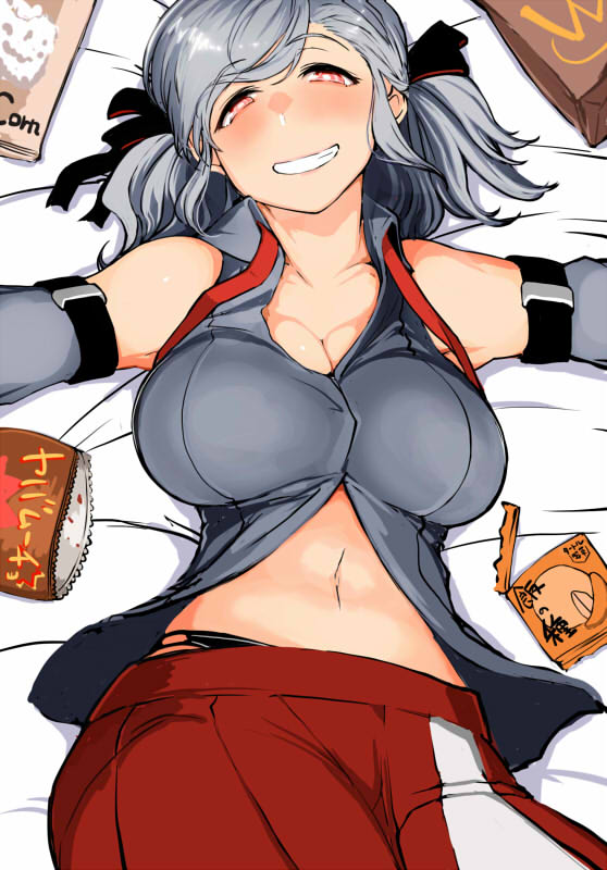 1girl bag_of_chips breasts detached_sleeves girls_frontline grin keshin large_breasts lying medium_hair navel on_back on_bed partially_undressed red_eyes silver_hair smile snack solo spas-12_(girls_frontline) twintails