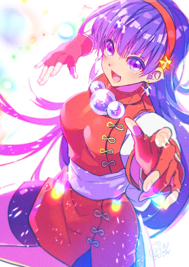 1girl asamiya_athena bow earrings fingerless_gloves gem gloves hair_bow jewelry long_hair open_mouth ozisannhanamalu purple_hair solo the_king_of_fighters violet_eyes