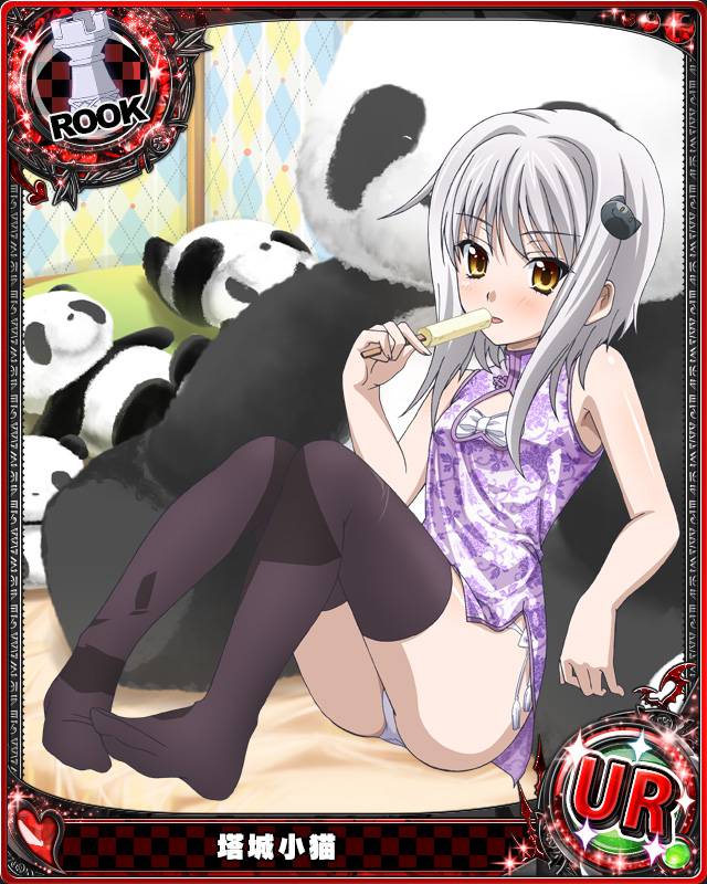 1girl ass bare_shoulders black_legwear blush bow card_(medium) cat_hair_ornament chess_piece china_dress chinese_clothes dress eyebrows_visible_through_hair food hair_ornament high_school_dxd indoors looking_at_viewer no_shoes official_art panties popsicle rook_(chess) short_hair sitting sleeveless solo stuffed_animal stuffed_panda stuffed_toy thigh-highs toujou_koneko underwear white_hair white_panties yellow_eyes