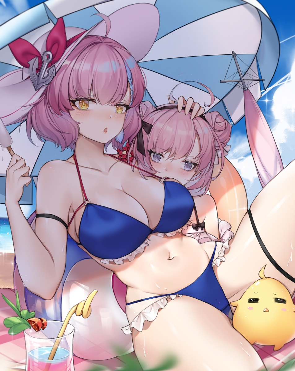 2girls anchor_hat_ornament artist_request azur_lane ball beach_mat beachball bikini black_hairband black_ribbon blue_bikini blush breasts double_bun drinking_straw food frilled_bikini frills hair_ribbon hairband hand_on_another's_head hat highres hurricane_glass juice large_breasts layered_bikini long_hair looking_at_viewer manjuu_(azur_lane) multi-strapped_bikini multiple_girls pink_bikini pink_hair popsicle ribbon saratoga_(azur_lane) saratoga_(ocean_holidays)_(azur_lane) short_hair sun_hat swimsuit tartu_(azur_lane) tartu_(overthinking_summer)_(azur_lane) thigh_strap tropical_drink twintails violet_eyes water wet white_ribbon yellow_eyes