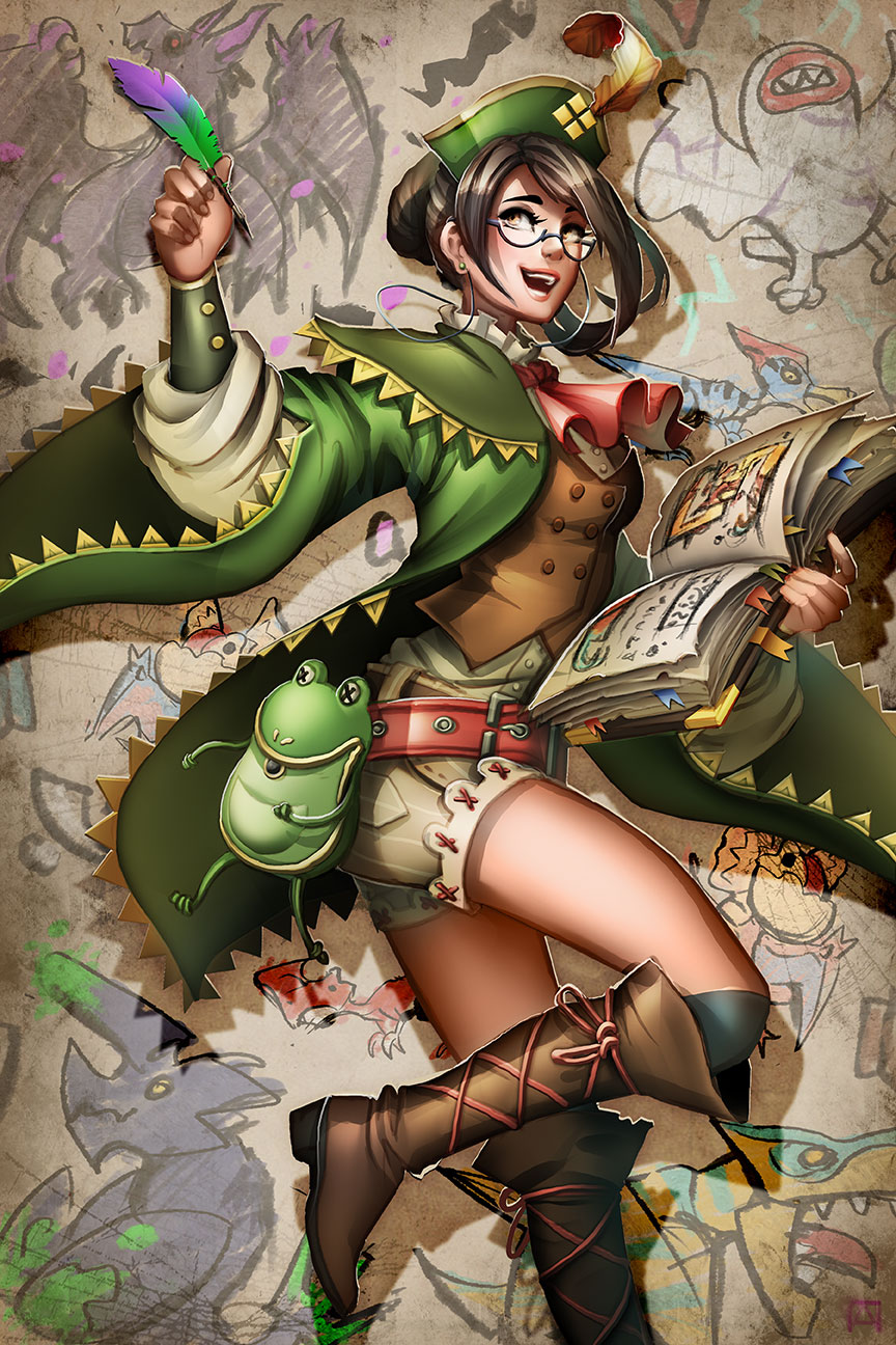 1girl belt_pouch book brown_eyes brown_hair child_drawing commentary earrings english_commentary feathers glasses guildmarm_(monster_hunter) hat_feather highres jewelry monster_hunter monster_hunter_4 open_book pechan pouch quill semi-rimless_eyewear shorts smile solo under-rim_eyewear wide_sleeves