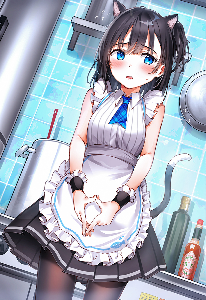 1girl animal_ears apron bangs black_hair black_legwear blue_eyes blue_neckwear blush breasts cat_ears cat_girl cat_tail commentary_request cowboy_shot eyebrows_visible_through_hair heart heart_hands indoors kitchen looking_at_viewer necktie open_mouth original pantyhose rangu sleeveless solo tail wrist_cuffs