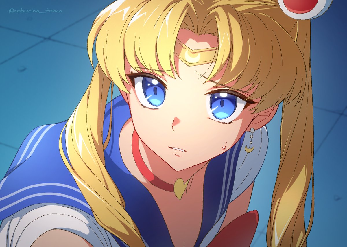 1girl bishoujo_senshi_sailor_moon blonde_hair blue_eyes blue_sailor_collar choker crescent crescent_hair_ornament derivative_work diadem eyebrows_visible_through_hair hair_bun hair_ornament heart heart_choker long_hair red_choker sailor_collar sailor_moon sailor_moon_redraw_challenge sailor_senshi sailor_senshi_uniform screencap_redraw solo toma_(norishio) tsukino_usagi twintails twitter_username upper_body