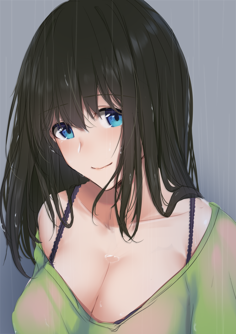 1girl black_bra black_hair blue_eyes bra commentary_request eyebrows_visible_through_hair fuurin_restia green_shirt hair_between_eyes idolmaster idolmaster_cinderella_girls light_blush light_smile long_hair looking_at_viewer off_shoulder rain sagisawa_fumika see-through shirt solo underwear upper_body wet wet_clothes wet_shirt