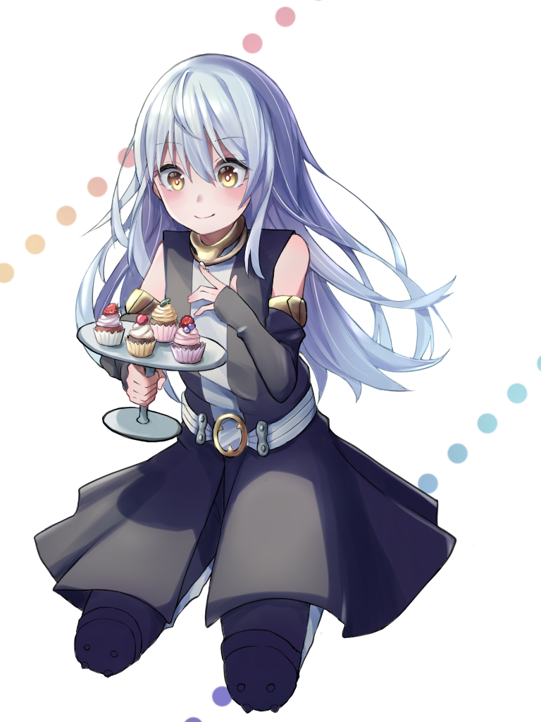 1girl bangs black_pants black_sleeves blue_hair blush closed_mouth detached_sleeves eyebrows_visible_through_hair floating_hair grey_background hair_between_eyes holding long_hair long_sleeves pants rimuru_tempest shiny shiny_hair simple_background sitting smile solo spring_tm00oo standing straight_hair tensei_shitara_slime_datta_ken very_long_hair white_background yellow_eyes