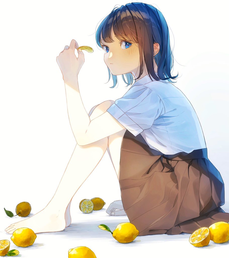 1girl bangs bare_legs barefoot blue_eyes blue_hair blue_shirt blush brown_hair brown_skirt closed_mouth eyebrows_visible_through_hair food from_side fruit full_body hami_yura holding knees_up lemon lemon_slice looking_at_viewer looking_to_the_side medium_skirt multicolored_hair original shirt short_sleeves simple_background sitting skirt solo two-tone_hair white_background
