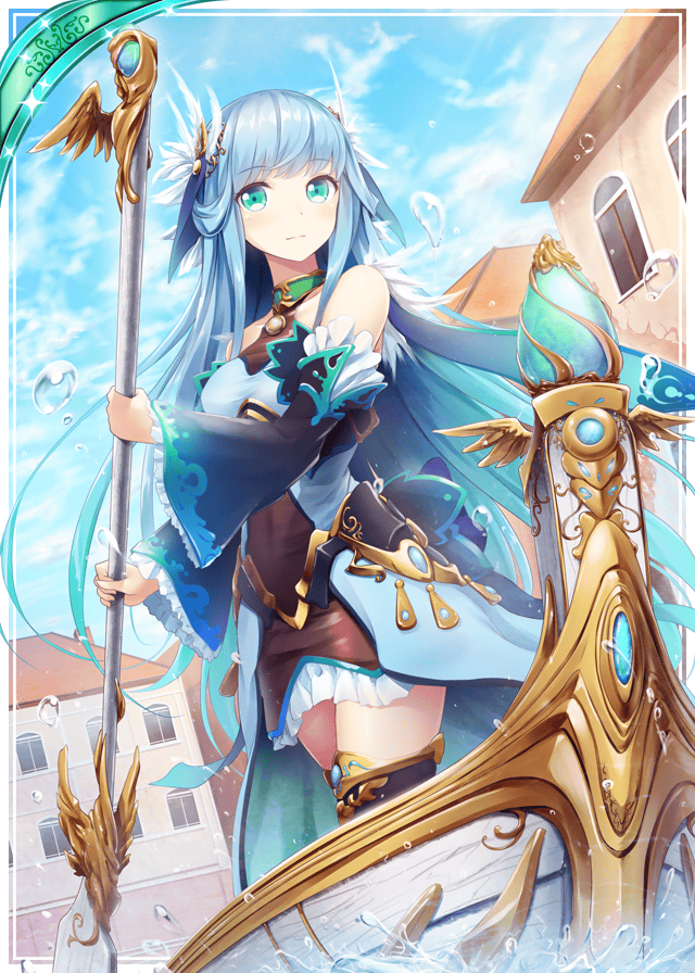 1girl akkijin aqua_eyes bare_shoulders blue_dress blue_hair blue_sky breasts dress feathers gondola hair_ornament house long_hair medium_breasts official_art outdoors shinkai_no_valkyrie sky thigh-highs town water wings