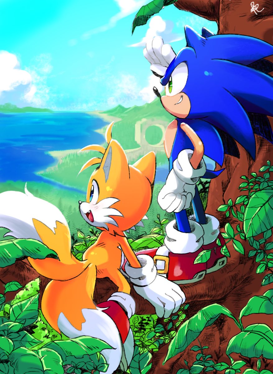 2boys :d animal_ears blue_fur fang forest fox_ears fox_tail gloves grin hedgehog_ears highres horizon leaf looking_to_the_side male_focus misuta710 multiple_boys multiple_tails nature ocean open_mouth red_footwear smile sonic sonic_the_hedgehog tail tails_(sonic) teeth tree tree_branch water white_gloves yellow_fur