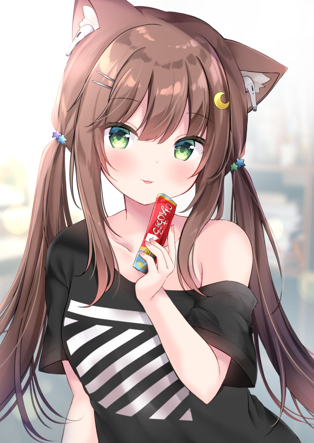 1girl animal_ear_fluff animal_ears black_shirt blurry blurry_background blush breasts brown_hair cat_ears collarbone commentary_request crescent crescent_hair_ornament depth_of_field earphones earphones food green_eyes hair_ornament hairclip highres holding holding_food indoors looking_at_viewer masayo_(gin_no_ame) off_shoulder original parted_lips shirt short_sleeves small_breasts smile solo star star_hair_ornament twintails upper_body