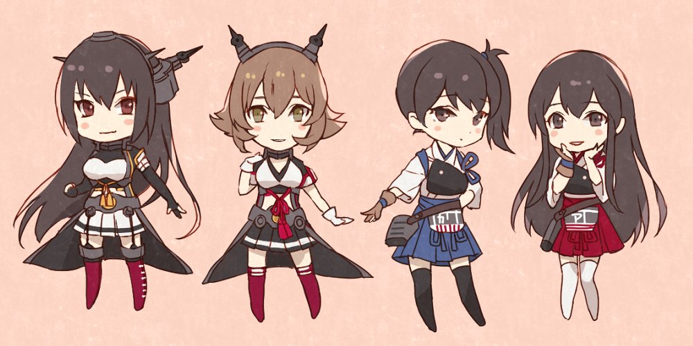 4girls akagi_(kantai_collection) apron black_eyes black_gloves black_hair blue_hakama brown_gloves brown_hair chibi commentary_request elbow_gloves fingerless_gloves flight_deck full_body gloves green_eyes hairband hakama hakama_skirt headgear japanese_clothes kaga_(kantai_collection) kantai_collection kasumi_(skchkko) leaning_forward long_hair looking_at_viewer miniskirt multiple_girls muneate mutsu_(kantai_collection) nagato_(kantai_collection) partly_fingerless_gloves pleated_skirt red_eyes red_hakama red_legwear remodel_(kantai_collection) short_hair side_ponytail single_glove skirt tasuki thigh-highs white_gloves white_legwear yugake