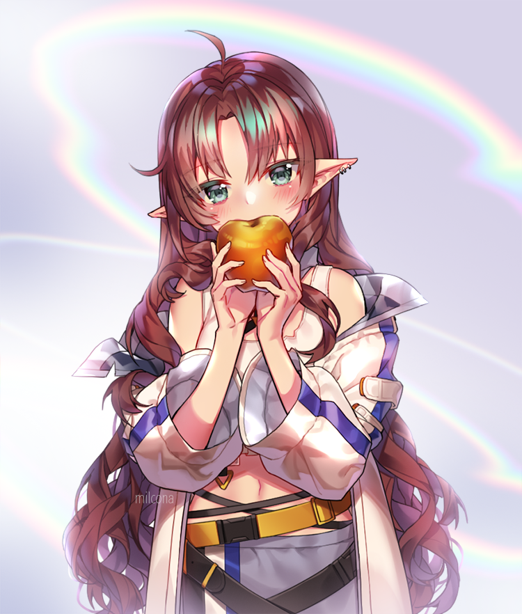 1girl ahoge apple aqua_eyes arknights artist_name bangs bare_shoulders belt blush brown_hair commentary eyebrows_visible_through_hair food fruit grey_background hands_up head_tilt holding holding_food holding_fruit jacket long_hair looking_at_viewer midriff milcona myrtle_(arknights) navel off_shoulder open_clothes open_jacket pointy_ears rainbow solo tank_top upper_body very_long_hair white_jacket white_tank_top