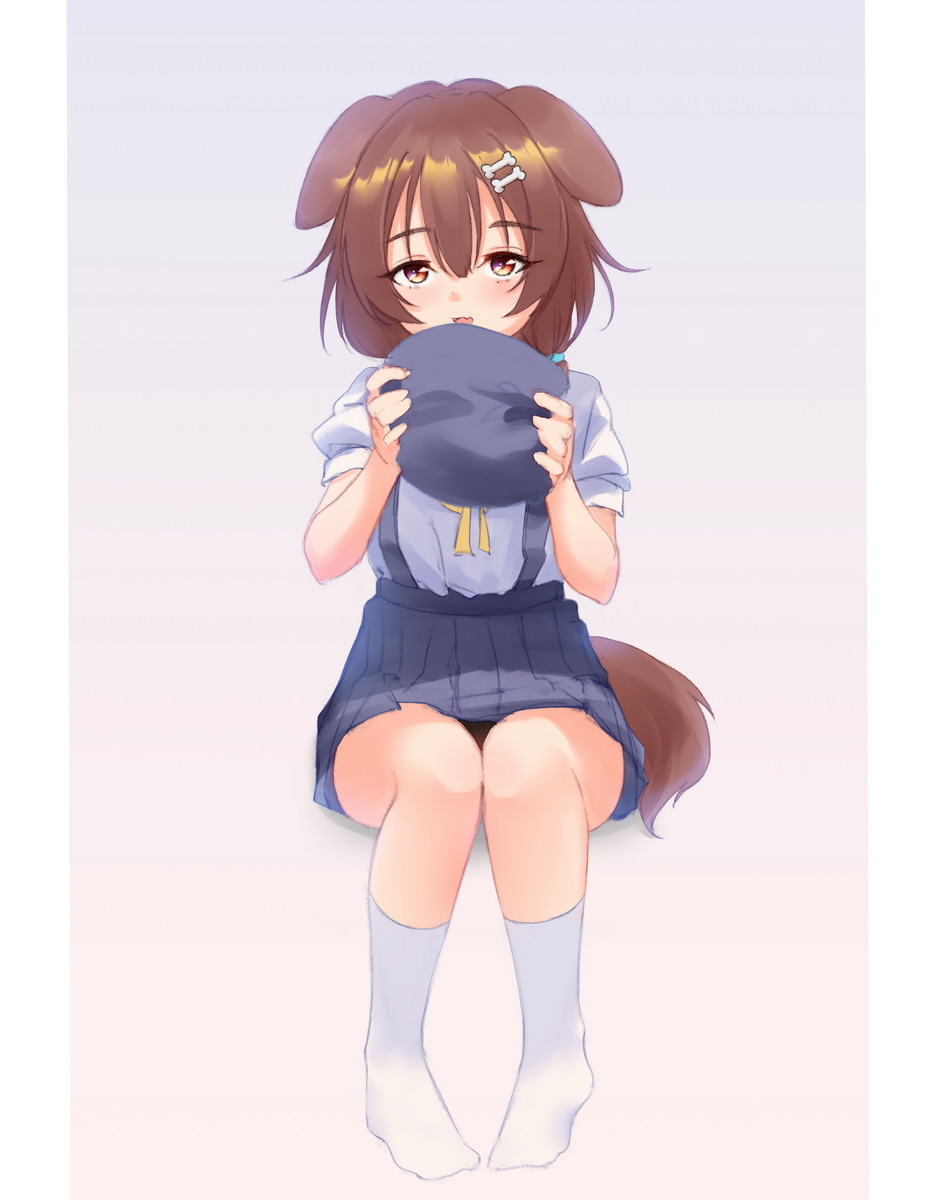 1girl animal_ears black_headwear blue_skirt brown_eyes brown_hair dog_ears dog_tail full_body hair_ornament hairclip hat headwear_removed highres hololive inugami_korone kneehighs kyonko_(haruhikyonko) low_twintails open_mouth school_uniform shirt short_hair short_sleeves simple_background sitting skirt smile solo suspender_skirt suspenders tail thighs twintails virtual_youtuber white_background white_legwear white_shirt younger