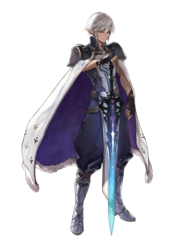 1boy armor belt black_gloves blue_eyes cape fingernails fur-trimmed_cape fur_trim gloves glowing glowing_sword glowing_weapon greaves holding holding_sword holding_weapon male_focus mgg_(x_arte) original pauldrons planted planted_sword planted_weapon pointy_ears simple_background solo standing sword transparent weapon white_background white_cape white_hair