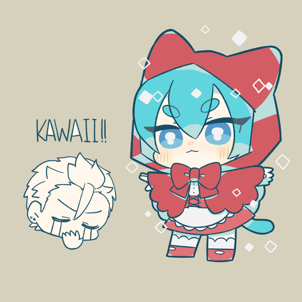 1boy :3 animal_ears apron bangs blue_eyes blue_hair bow capelet cat_ears cat_tail chibi chibi_inset closed_eyes cosplay crying dress grey_background gumball_watterson hair_between_eyes hood hood_up little_red_riding_hood little_red_riding_hood_(grimm) little_red_riding_hood_(grimm)_(cosplay) looking_at_viewer nemu_maru outstretched_arms personification red_bow red_capelet red_footwear red_hood simple_background solo_focus spread_arms standing streaming_tears tail tears the_amazing_world_of_gumball waist_apron white_apron