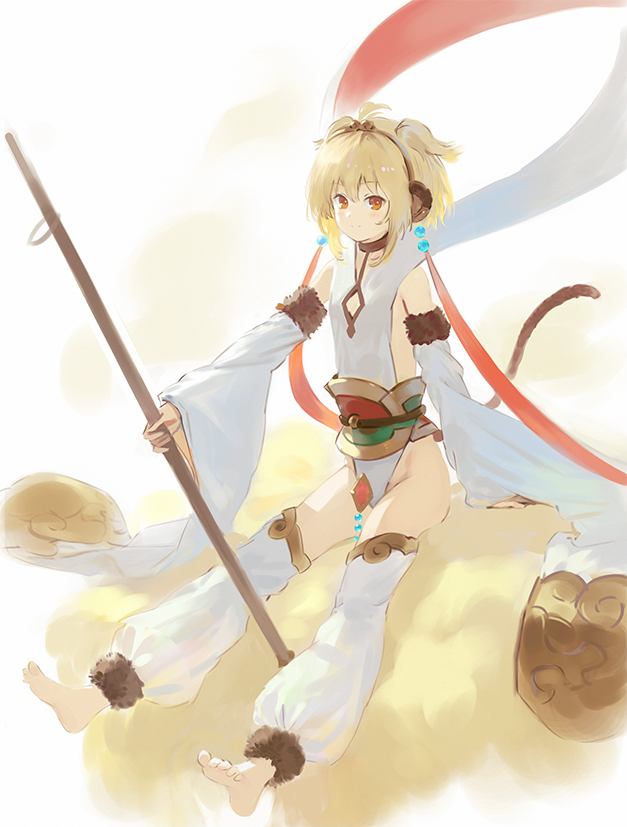 1girl andira_(granblue_fantasy) animal_ears bare_shoulders barefoot blonde_hair closed_mouth detached_pants detached_sleeves dress fur-trimmed_sleeves fur_trim granblue_fantasy hair_ornament holding long_sleeves looking_at_viewer monkey_ears monkey_tail obi red_eyes sash short_hair sitting smile solo tail twintails two_side_up wasabi60 white_dress wide_sleeves