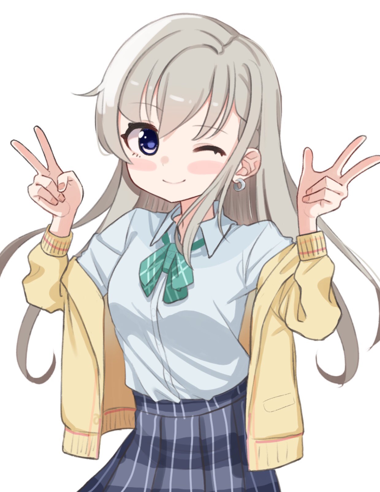 1girl ;) bangs blue_eyes blue_skirt blush_stickers bow breasts brown_cardigan cardigan collared_shirt dress_shirt earrings eyebrows_visible_through_hair green_bow grey_hair grey_shirt hair_between_eyes hands_up highres hisakawa_hayate idolmaster idolmaster_cinderella_girls idolmaster_cinderella_girls_starlight_stage jewelry looking_at_viewer off_shoulder one_eye_closed open_cardigan open_clothes pleated_skirt shirt shiwa_(siwaa0419) skirt small_breasts smile solo v w